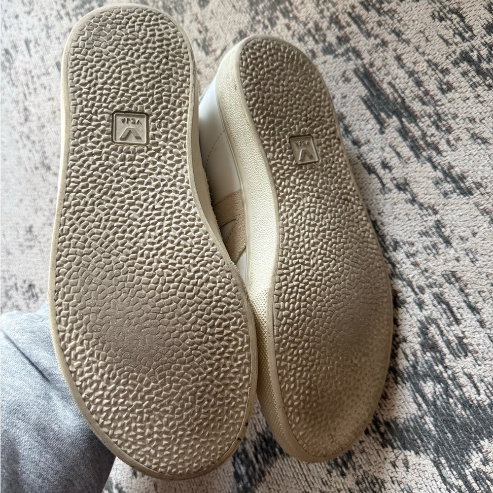 Veja White Leather Sneakers with Beige V Accent - Picture 2 of 4